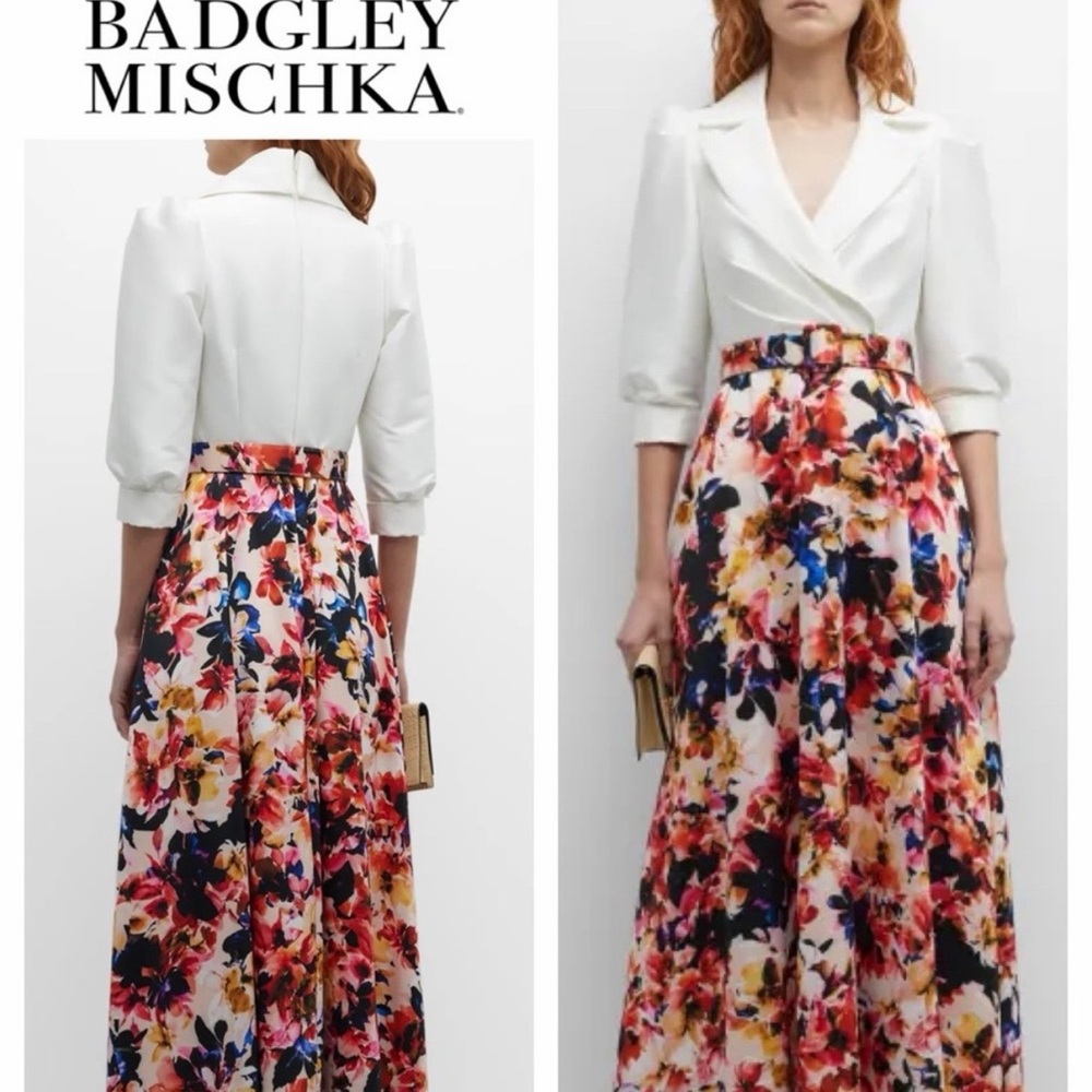 Badgley Mischka White Shirt Dress with Floral Skirt Formal NWT